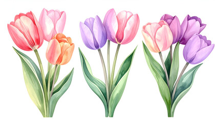 Obraz premium Watercolor Colorful Tulips: A vibrant display of tulips in full bloom, showcasing a spectrum of colors and delicate petals. A celebration of spring's arrival and the simple beauty of nature.