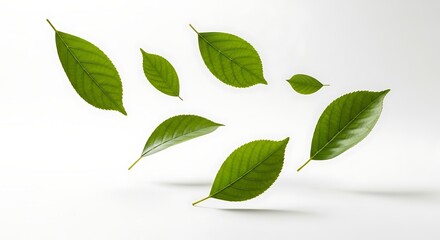 Obraz premium Fresh, vibrant green leaves float on a clean white background, creating visual harmony.