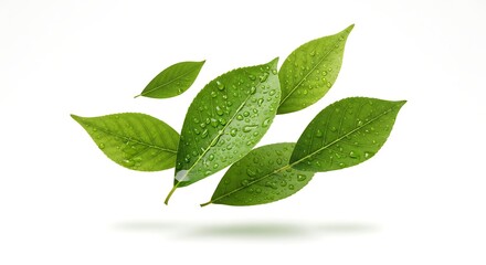 Obraz premium Fresh green leaves with glistening water droplets float on a bright white surface.
