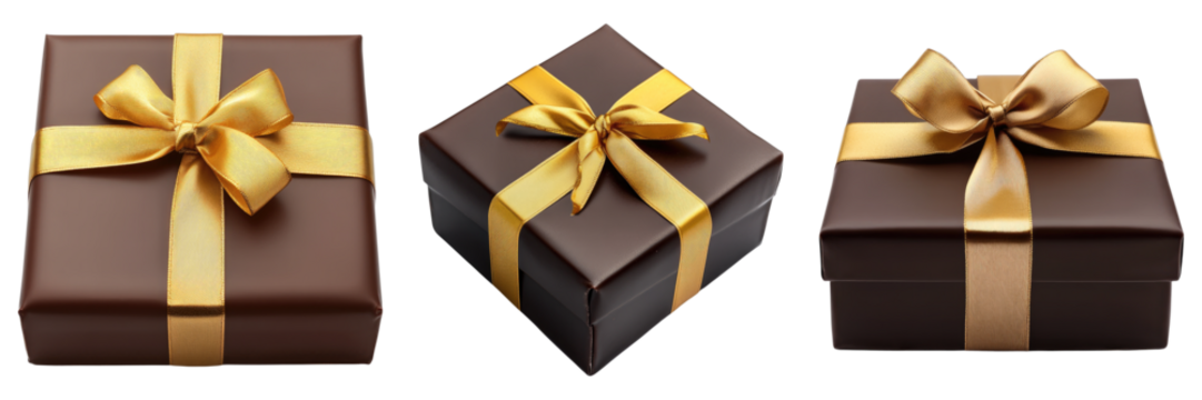 Three elegantly wrapped gift boxes with gold ribbons, perfect for any special occasion. The luxurious presentation suggests anticipation and celebration