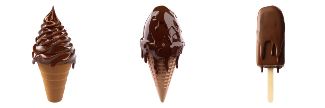 Indulge your senses with a trio of delectable chocolate ice cream treats, each offering a unique delight, from a cone with swirls to a popsicle