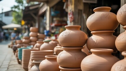 Terracotta Pottery Displayed in an Outdoor Market with Traditional Design