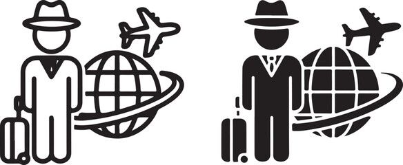 Global travel icon showing a person with a suitcase, a globe, and an airplane, symbolizing international business, tourism, and worldwide journeys. isolated on white background, Vector, illustration