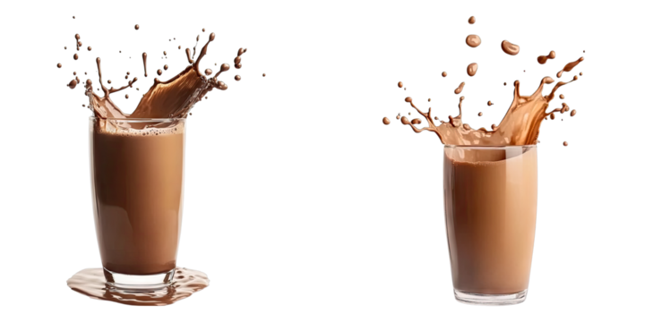 Two glasses of a rich and delicious chocolate drink with dynamic splashes, showing the refreshing quality of the drink