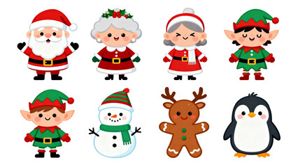 Festive Christmas Cartoon Character Collection Featuring Santa, Mrs Claus, Elves, Snowman, Reindeer, and Penguin, Perfect for Holiday Designs and Seasonal Greetings