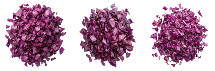 Close-up of three piles of vibrant rose petals, symbolizing love and romance