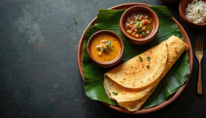 Masala dosa with sambar and chutney served on banana leaf. This traditional South Indian food is a popular breakfast or meal option. Healthy vegetarian dish.