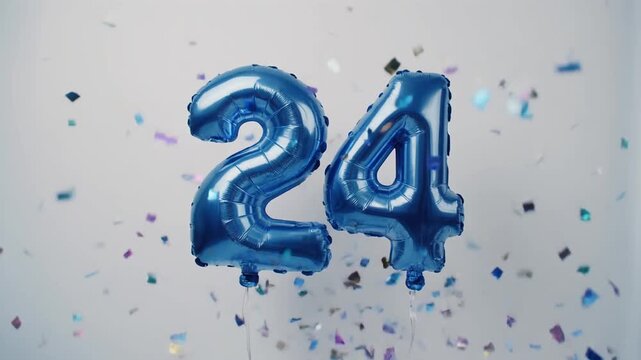 Blue balloon number 24 for birthday or anniversary party. White background with falling confetti