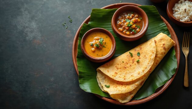 Masala dosa with sambar and chutney served on banana leaf. This traditional South Indian food is a popular breakfast or meal option. Healthy vegetarian dish.