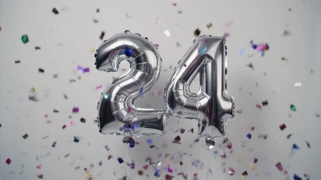 Silver balloon number 24 for birthday or anniversary party. White background with falling confetti
