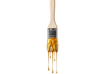 Paintbrush with dripping gold paint, isolated on transparent background