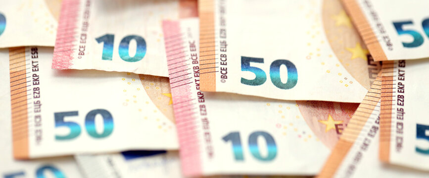 European Union Euro currency money bills. EUR currency banknotes in arrange with different denomination close up