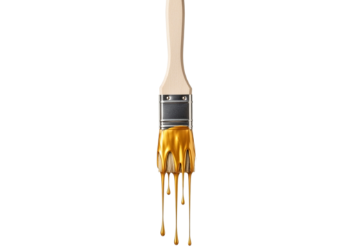 Paintbrush with dripping gold paint, isolated on transparent background