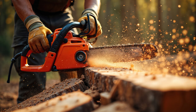 Man cuts wood log with orange chainsaw, sawdust and sparks fly. Outdoor lumberjack work, closeup action with power tool in forest. Intense labor outdoors.