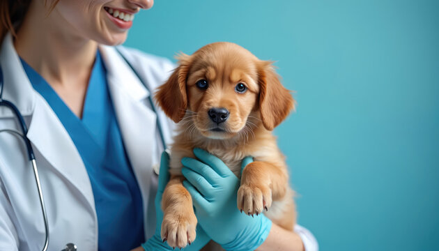 Vet checks up a small cute brown puppy in clinic. Woman doctor in gloves inspects dog. Pet healthcare concept. Vet protects animal health and provides treatment at veterinary hospital.