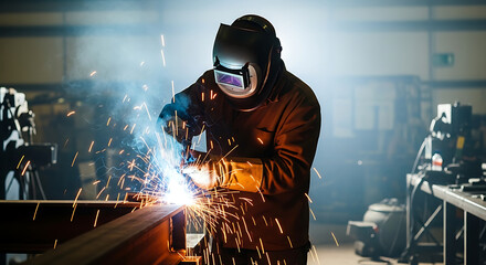 Welder working on metal structure in industrial workshop with sparks flying, showcasing skill and precision in demanding environment.
