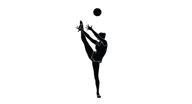 Silhouette of rhythmic gymnast performing a split with a ball, showcasing flexibility and coordination
