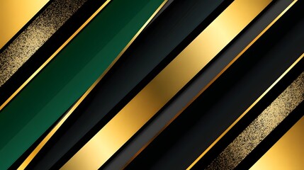 Abstract geometric background featuring diagonal stripes of gold, dark green, and black with metallic accents