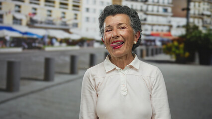 Fototapeta premium Senior woman with grey hair playfully sticking out her tongue on an urban street, showcasing joy and personality amidst a city backdrop.