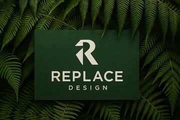 Elegant Replace Design logo mockup on lush fern leaves, featuring eco branding concept, clean composition, and realistic natural textures.
