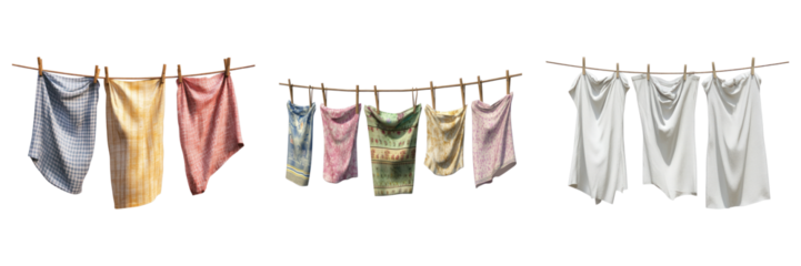 Clean clothes gently swaying on a clothesline, catching the breeze in a sunlit outdoor scene. Freshly washed laundry hanging out to dry, a simple pleasure on a beautiful day. 