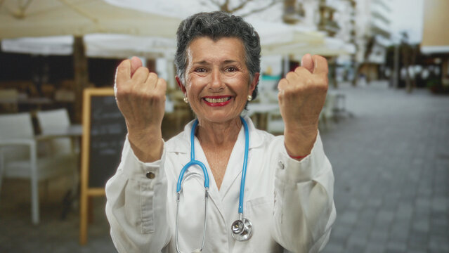 Senior woman doctor with grey hair smiling and crossing fingers while standing on a restaurant terrace outdoors, wearing a white coat and stethoscope.