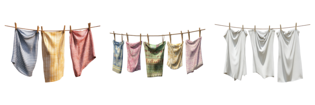 Clean clothes gently swaying on a clothesline, catching the breeze in a sunlit outdoor scene. Freshly washed laundry hanging out to dry, a simple pleasure on a beautiful day. 