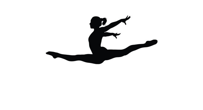 Silhouette of a female gymnast performing a split leap for athletic and fitness content