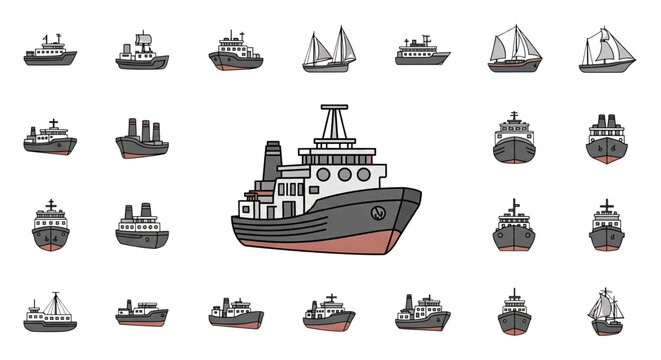 Diverse Collection of Ship and Boat Icons for Maritime Logistics Web Design Projects