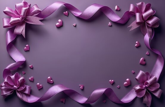 Purple ribbon frame with bows and hearts on purple background. Pink and purple hearts scattered around. Purple gift ribbons with bows. Valentine day decoration with copy space.