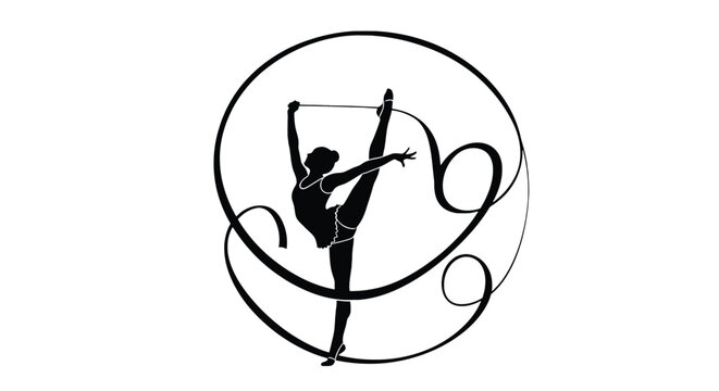 Silhouette of a rhythmic gymnast performing with a ribbon, , showcasing flexibility and grace in motion