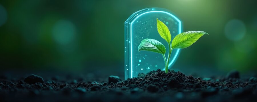 Young plant grows inside digital shield protecting future nature. Tech innovation nurtures life, secures planet growth. Organic farming advances, sustainable eco development.