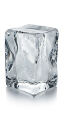 Solid block of transparent frozen water rests on a reflective white surface