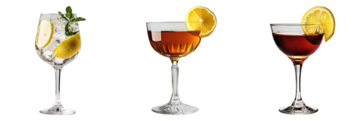 Three elegant cocktail glasses with various drinks and lemon garnish