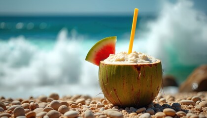 Fresh coconut drink with watermelon slice rests on pebble beach. Blue ocean waves splash behind exotic tropical refreshment. Yellow straw sticks out of creamy beverage.
