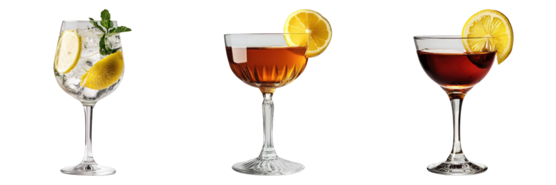 Three elegant cocktail glasses with various drinks and lemon garnish