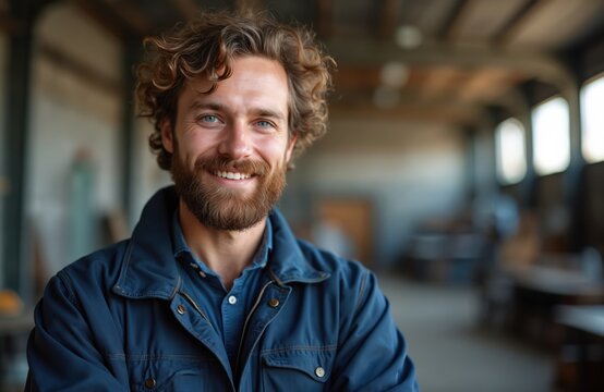 Smiling bearded man with curly hair in blue workwear in workshop. Male artisan poses confidently in industrial garage. Skilled worker, craftsman, mechanic ready for job.