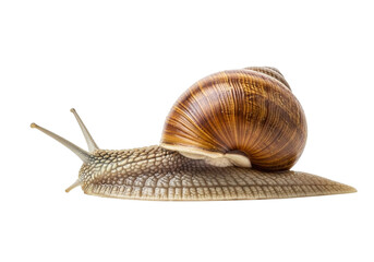 A garden snail with a brown spiral shell slowly moving across a surface, isolated on transparent background
