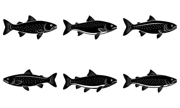 Six stylized black fish silhouettes with detailed scales arranged in two rows, perfect for aquatic themes and design projects.