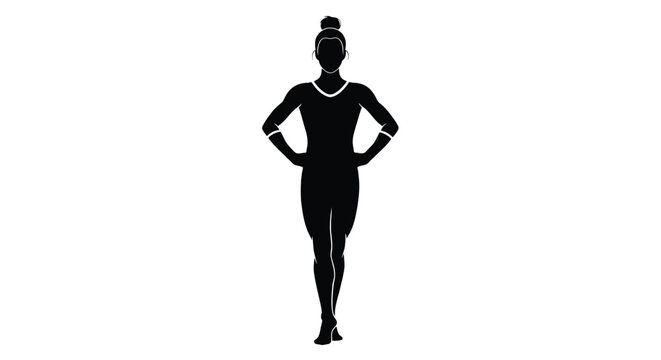 Silhouette of a female gymnast standing with hands on hips, showcasing strength and balance
