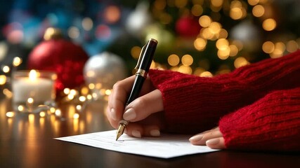 Hands in red sleeves holding a pen over vintage paper, blurred lights and ornaments behind, cozy festive tones, with copy space