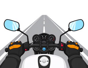 Cartoon POV Motorbike Handlebars with Rider’s Hands and Simple Road Horizon, Vector Style PNG