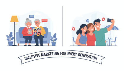 Inclusive Marketing Concept Illustrating Different Generations Using Technology