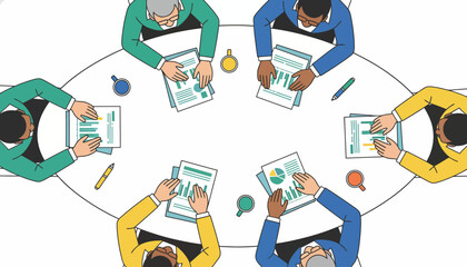 Top-Down View of a Diverse Corporate Team Collaborating on Strategy and Data Analysis