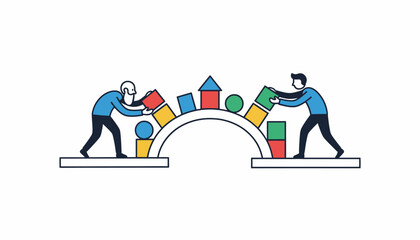 Collaborative Teamwork Concept with Two Men Building a Bridge with Blocks