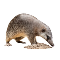 A small, gray, and brown anteater digging in the sand on a white background.