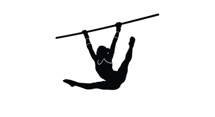 Silhouette of a female gymnast performing on a high bar the gymnast is hanging, legs split, arms extended
