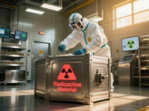 Scientist in hazmat suit handling radioactive material in a secure container.