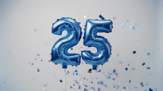 Blue balloon number 25 for birthday or anniversary party. White background with falling confetti