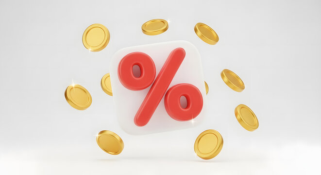 3D percent discount icon with floating gold coins, for discount, promotion, off-sale concept illustration on white background